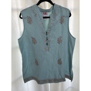 R&K Originals Women’s Blouse Teal Size 18 Sleeveless Embroidery Button Front